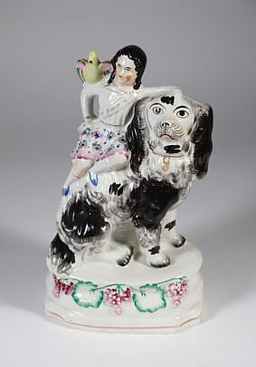 Staffordshire Figural of a King Charles Spaniel and Woman and Bird