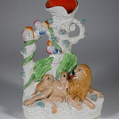 Staffordshire Spill Vase with Lion and Two Cubs Reclining Under a Tree