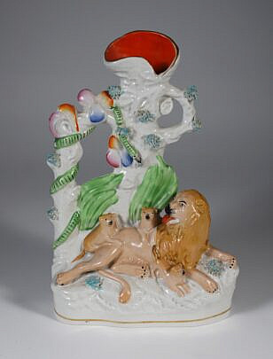 Staffordshire Spill Vase with Lion and Two Cubs Reclining Under a Tree