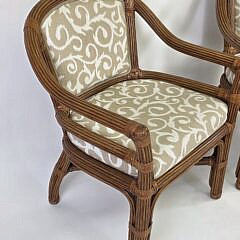 Pair of Coastal Rattan and Bamboo Upholstered Club Chairs