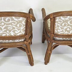 Pair of Coastal Rattan and Bamboo Upholstered Club Chairs