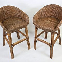 Pair of Coastal Rattan and Bamboo Barstools