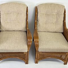 Pair of Coastal Rattan and Bamboo Open Arm Patio Chairs
