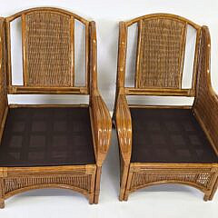 Pair of Coastal Rattan and Bamboo Open Arm Patio Chairs