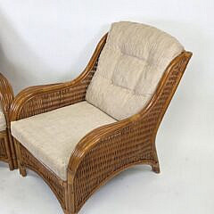 Pair of Coastal Rattan and Bamboo Open Arm Patio Chairs