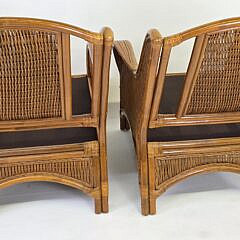 Pair of Coastal Rattan and Bamboo Open Arm Patio Chairs