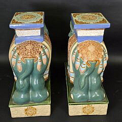 Pair of Vintage Green Glazed Figural Ceramic Chinese Royal Elephant Garden Stools, 20th Century
