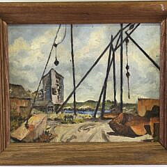 Antique Impressionist Oil on Artist Board Industrial Ship Yard Painting
