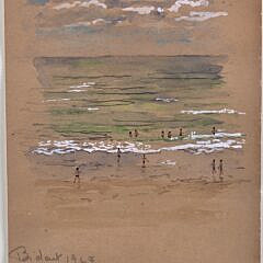 Fine Mid Century French Impressionist Gouache Coastal Beach Scene Painting, circa 1948