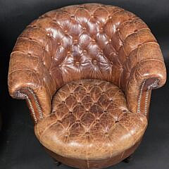 Pair of Vintage Tufted Leather Chesterfield Style Open Arm Lounge Club Chairs, 20th century