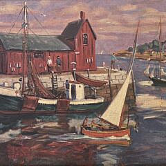 Vintage Charles Stepule Oil on Artist Board, “Island Service Wharf”, Painting, 20th century