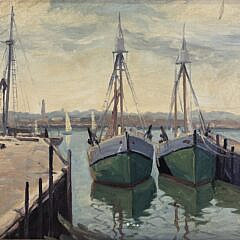 Vintage Gloucester Harbor Impressionist Oil on Artist Board Painting, 20th century