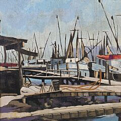 Mid Century Modern Oil on Canvas Nantucket Wharf Painting, 20th century