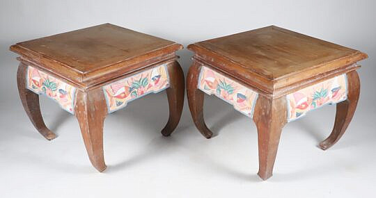 Pair of Vintage Chinese Teak Wood Polychrome Taborets