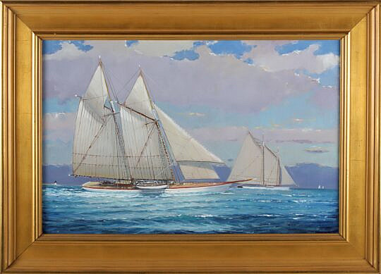 William Lowe Oil on Linen "Fresh Breeze Nantucket Schooner"
