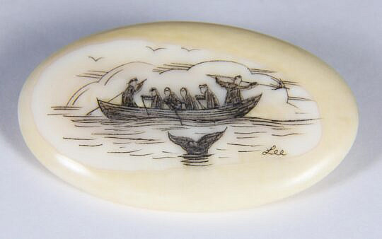 Scrimshawed Whaling Scene Pin Signed Lee