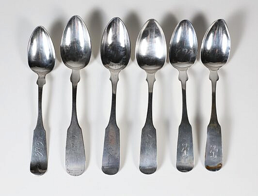 Six Nantucket Coin Silver Teaspoons, 19th Century