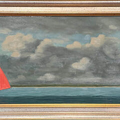 Robert Stark Jr. Oil on Board “Red Sail Catboat with Approaching Storm”