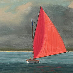 Robert Stark Jr. Oil on Board “Red Sail Catboat with Approaching Storm”
