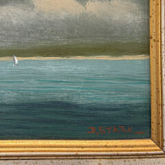 Robert Stark Jr. Oil on Board “Red Sail Catboat with Approaching Storm”