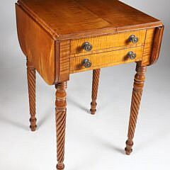 American Sheraton Tiger Maple and Mahogany Two Drawer Drop Leaf Work Stand