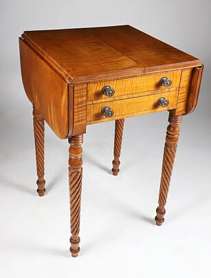 American Sheraton Tiger Maple and Mahogany Two Drawer Drop Leaf Work Stand