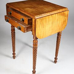 American Sheraton Tiger Maple and Mahogany Two Drawer Drop Leaf Work Stand