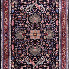 Vintage Persian Design Oriental Carpet with Navy Blue Field and Vibrant Red Floral Border