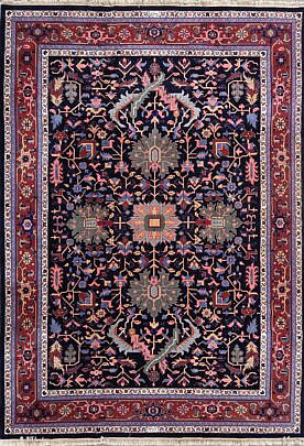 Vintage Persian Design Oriental Carpet with Navy Blue Field and Vibrant Red Floral Border