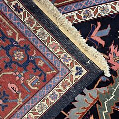 Vintage Persian Design Oriental Carpet with Navy Blue Field and Vibrant Red Floral Border