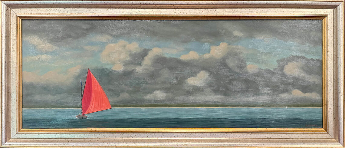 Robert Stark Jr. (1933-2014) Oil on Board "Red Sail Catboat with Approaching Storm"