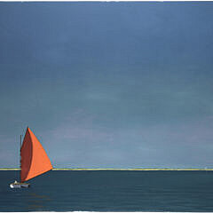 Robert Stark Jr. (1933-2014) Large Oil on Linen “Nantucket Red Sailboat”, circa 1988