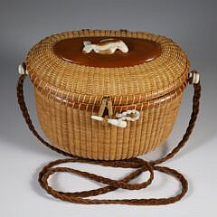 Nantucket Friendship Basket with Leather Shoulder Strap and Carved Humpback Whale on Lid