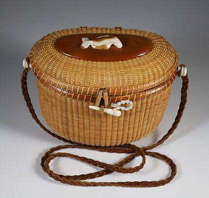 Nantucket Friendship Basket with Leather Shoulder Strap and Carved Ivory Humpback Whale on Lid