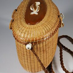 Nantucket Friendship Basket with Leather Shoulder Strap and Carved Humpback Whale on Lid