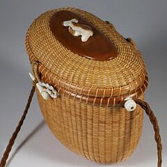 Nantucket Friendship Basket with Leather Shoulder Strap and Carved Humpback Whale on Lid