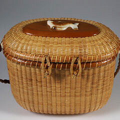Nantucket Friendship Basket with Leather Shoulder Strap and Carved Humpback Whale on Lid