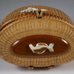 Nantucket Friendship Basket with Leather Shoulder Strap and Carved Humpback Whale on Lid