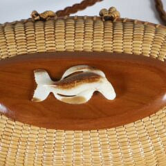 Nantucket Friendship Basket with Leather Shoulder Strap and Carved Humpback Whale on Lid