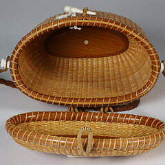 Nantucket Friendship Basket with Leather Shoulder Strap and Carved Humpback Whale on Lid