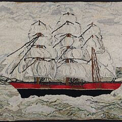 Antique Clipper Ship Hooked Rug Mounted on Board
