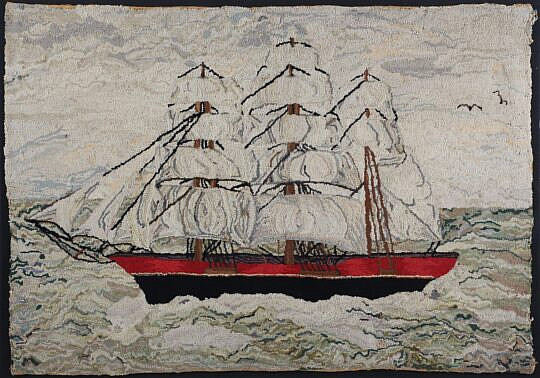 Antique Clipper Ship Hooked Rug Mounted on Board
