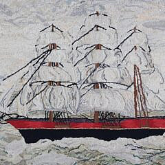 Antique Clipper Ship Hooked Rug Mounted on Board
