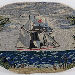 Antique Oval Clipper Ship Hooked Rug Mounted on Board