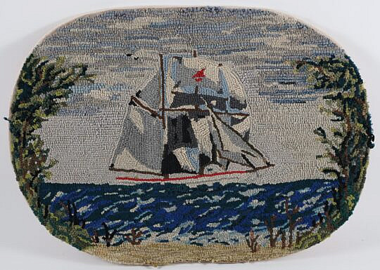 Antique Oval Clipper Ship Hooked Rug Mounted on Board