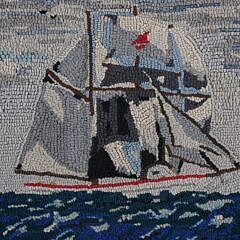 Antique Oval Clipper Ship Hooked Rug Mounted on Board