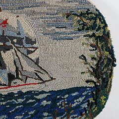 Antique Oval Clipper Ship Hooked Rug Mounted on Board