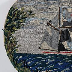 Antique Oval Clipper Ship Hooked Rug Mounted on Board