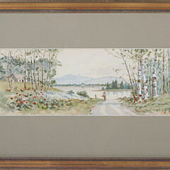 Antique Watercolor on Paper "Fishing by the Lake"