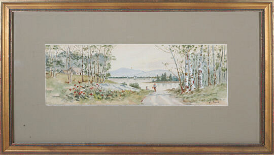 Antique Watercolor on Paper "Fishing by the Lake"